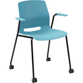 Imme Stacking Chair with Fixed Arms & Casters, Polypropylene, Sky Blue Seat/Black Frame