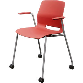 Imme Stacking Chair with Fixed Arms & Casters, Polypropylene, Coral Seat/Silver Frame