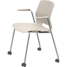 Imme Stacking Chair with Fixed Arms & Casters, Polypropylene, Moonbeam Seat/Silver Frame