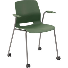 Imme Stacking Chair w/Fixed Arms & Casters, Polypropylene, Slate Green Seat/Silver Frame