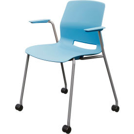 Imme Stacking Chair with Fixed Arms & Casters, Polypropylene, Sky Blue Seat/Silver Frame