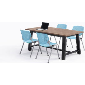 Midtown 72"x 36" Cafe Height Table, 4 Kool Chairs, Studio Teak Top/Sky Blue