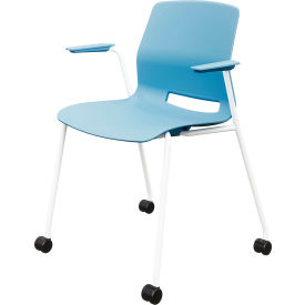Imme Stacking Chair with Fixed Arms & Casters, Polypropylene, Sky Blue Seat/White Frame