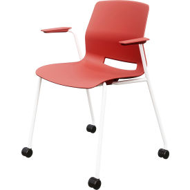 Imme Stacking Chair with Fixed Arms & Casters, Polypropylene, Coral Seat/White Frame