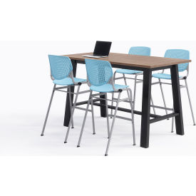 Midtown 72"x 36" Bistro Height Table, 4 Kool Chairs, Teak Top/Sky Blue