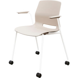 Imme Stacking Chair with Fixed Arms & Casters, Polypropylene, Moonbeam Seat/White Frame