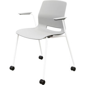 Imme Stacking Chair w/ Fixed Arms & Casters, Polypropylene, Light Gray Seat/White Frame
