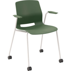 Imme Stacking Chair w/ Fixed Arms & Casters, Polypropylene, Slate Green Seat/White Frame
