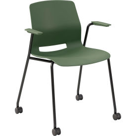 Imme Stacking Chair w/ Fixed Arms & Casters, Polypropylene, Slate Green Seat/Black Frame