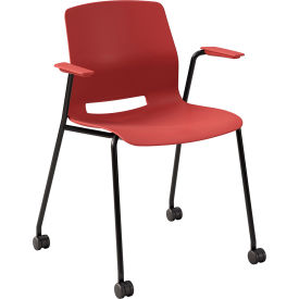 Imme Stacking Chair with Fixed Arms & Casters, Polypropylene, Coral Seat/Black Frame