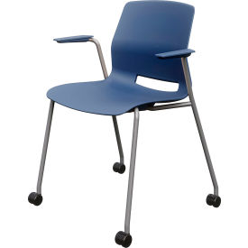 Imme Stacking Chair with Fixed Arms & Casters, Polypropylene, Navy Seat/Silver Frame