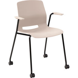 Imme Stacking Chair with Fixed Arms & Casters, Polypropylene, Moonbeam Seat/Black Frame