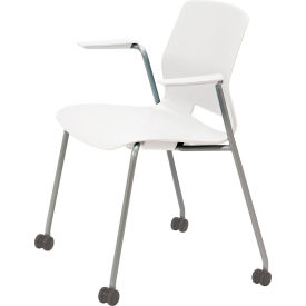 Imme Stacking Chair with Fixed Arms & Casters, Polypropylene, White Seat/Silver Frame