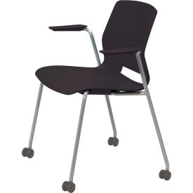 Imme Stacking Chair with Fixed Arms & Casters, Polypropylene, Black Seat/Silver Frame