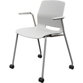 Imme Stacking Chair w/ Fixed Arms & Casters, Polypropylene, Light Gray Seat/Silver Frame