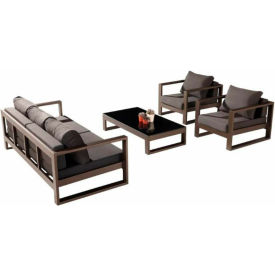 Amber 4 Piece Sofa Set, Black Glass Coffee Table Top, Brown Frame, Sunproof Black Cushions