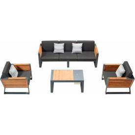 Avant 4 Piece Sofa Set, Coffee Table w/ Cooler, Charcoal Gray Frame, Sunproof Black Cushions