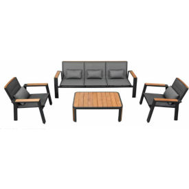 Zurich 4 Piece Sofa Set, Gray Mesh, Painted Teak Table Top, Charcoal Gray Frame