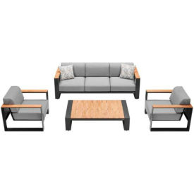 Aspen 4 Piece Sofa Set, Teak Coffee Table Top, Charcoal Gray Frame, Sunproof Gray Cushions