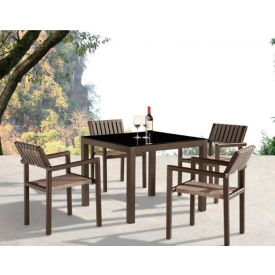 Amber Dining Set For 4 with Arms, Frosted Black Glass Table Top, Brown Mesh & Frame