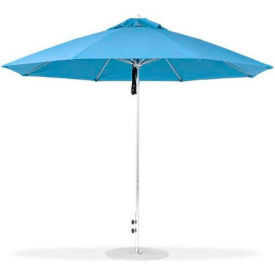 Monterey Pulley Lift 7-1/2' Market Umbrella w/ 75 lb Base, Brushed Silver Pole, Sapphire Blue