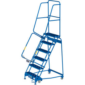 6 Step Steel Rolling Ladder, 24"W Perforated Step, Cal-OSHA Handrail