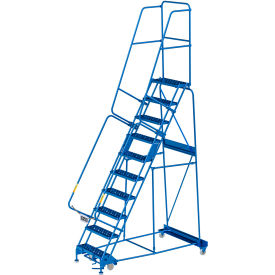10 Step Steel Rolling Ladder, 24"W Perforated Step, Cal-OSHA Handrail