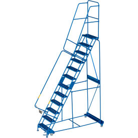 12 Step Steel Rolling Ladder, 24"W Perforated Step, Cal-OSHA Handrail