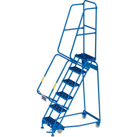 6 Step Narrow Steel Rolling Ladder, 16"W Perforated Step, Cal-OSHA Handrail