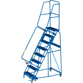 8 Step Steel Rolling Ladder, 24"W Perforated Step, Cal-OSHA Handrail