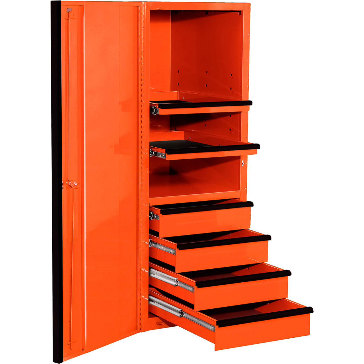 4 Drawer & 3 Shelf Prof Side Cabinet, 24"W x 30-5/8"D x 63-3/8"H, Orange/Black Trim