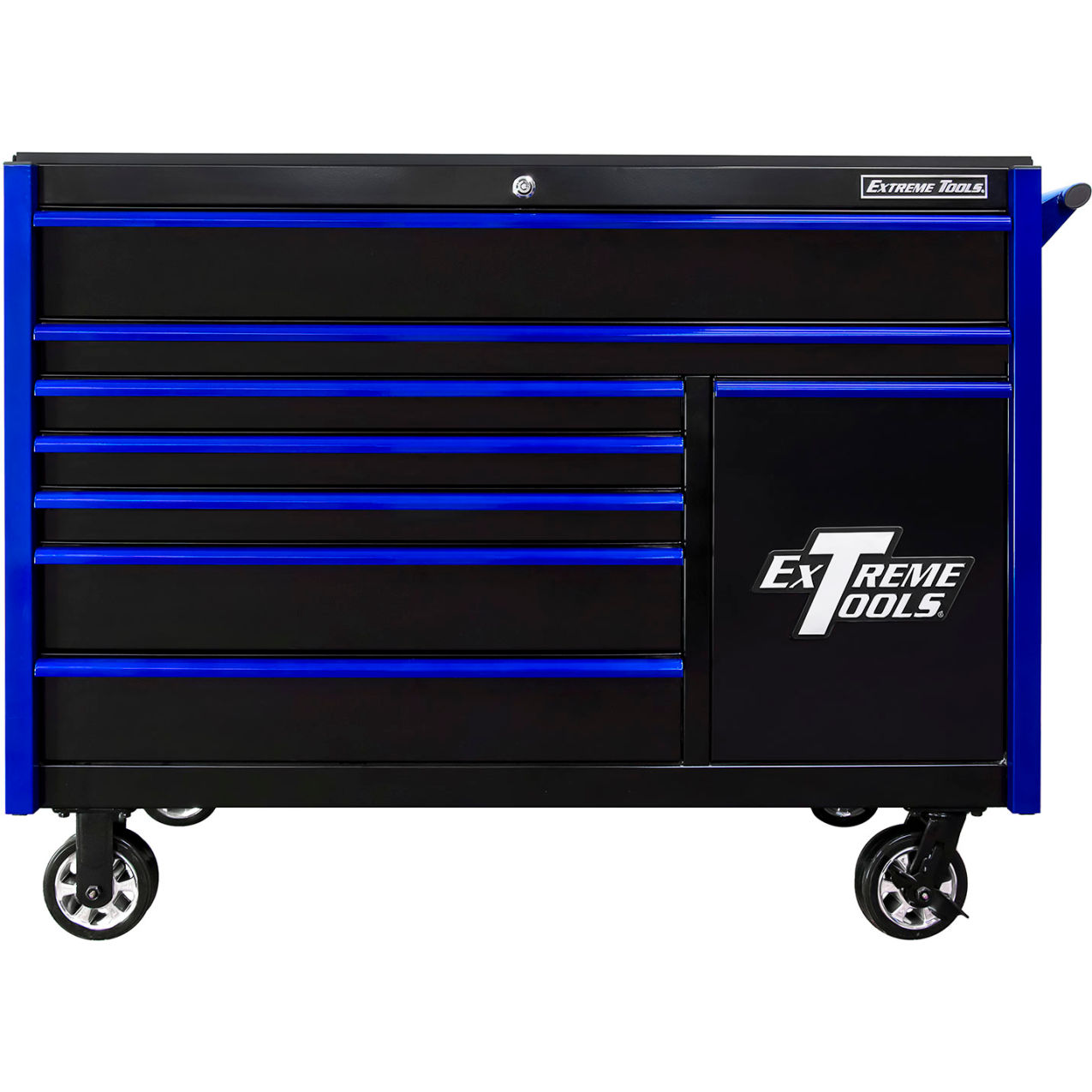 8-Drawer Roller Cabinet, 54-5/8"W x 25"D x 42-1/2"H, Black with Blue Trim