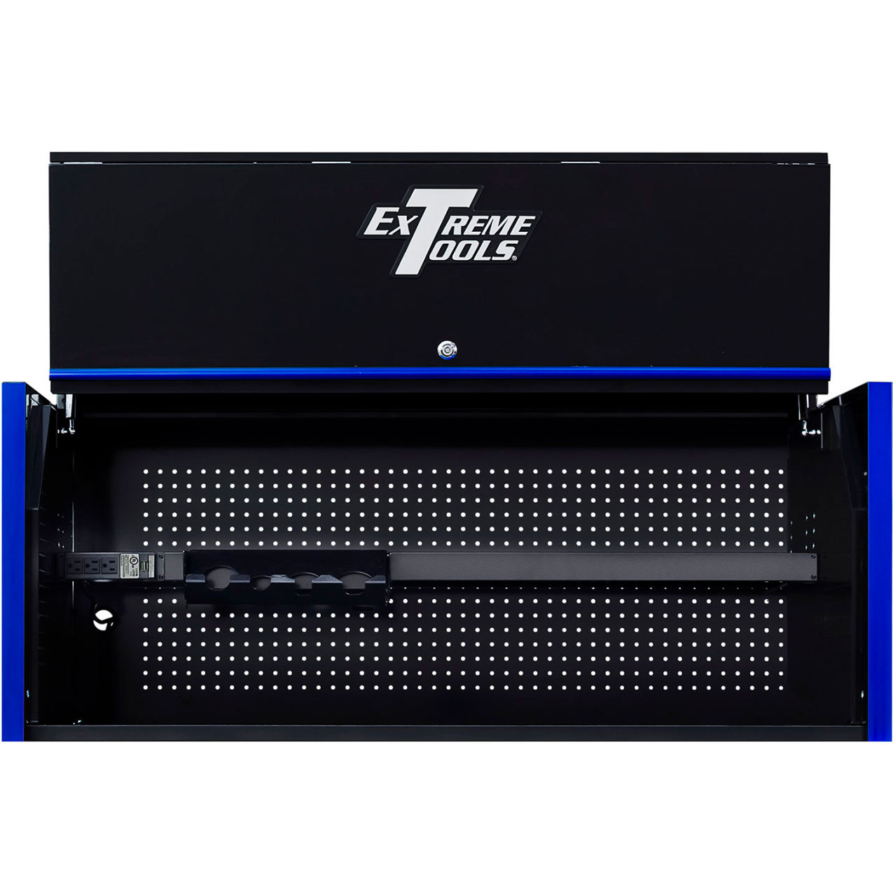 Extreme Power Workstation Hutch, 54-5/8"W x 25"D x 22-1/4"H, Black with Blue Trim