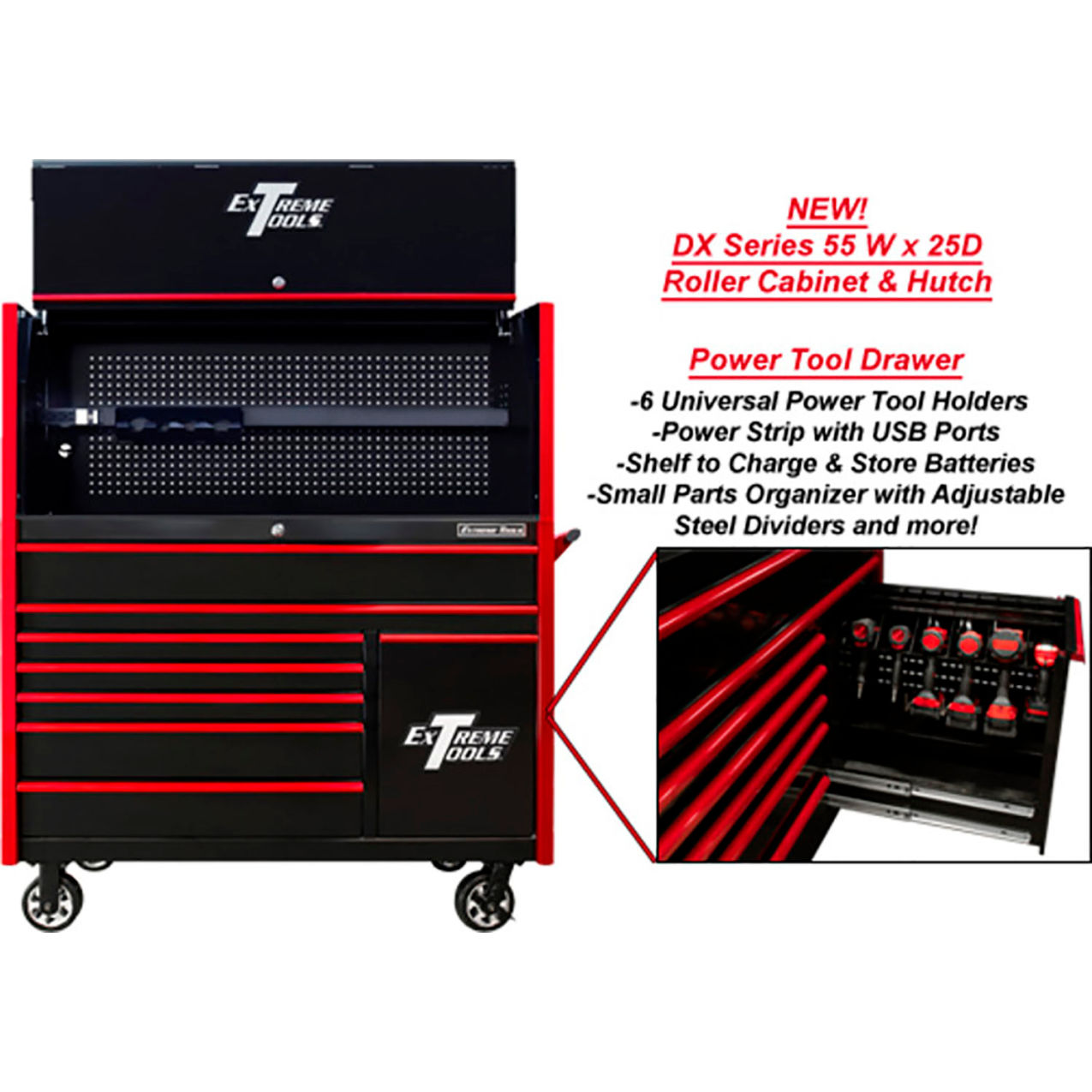 Power Workstation Hutch & Roller Cabinet, 54-5/8"W x 25"D x 64-3/4"H, Blk/Red Trim