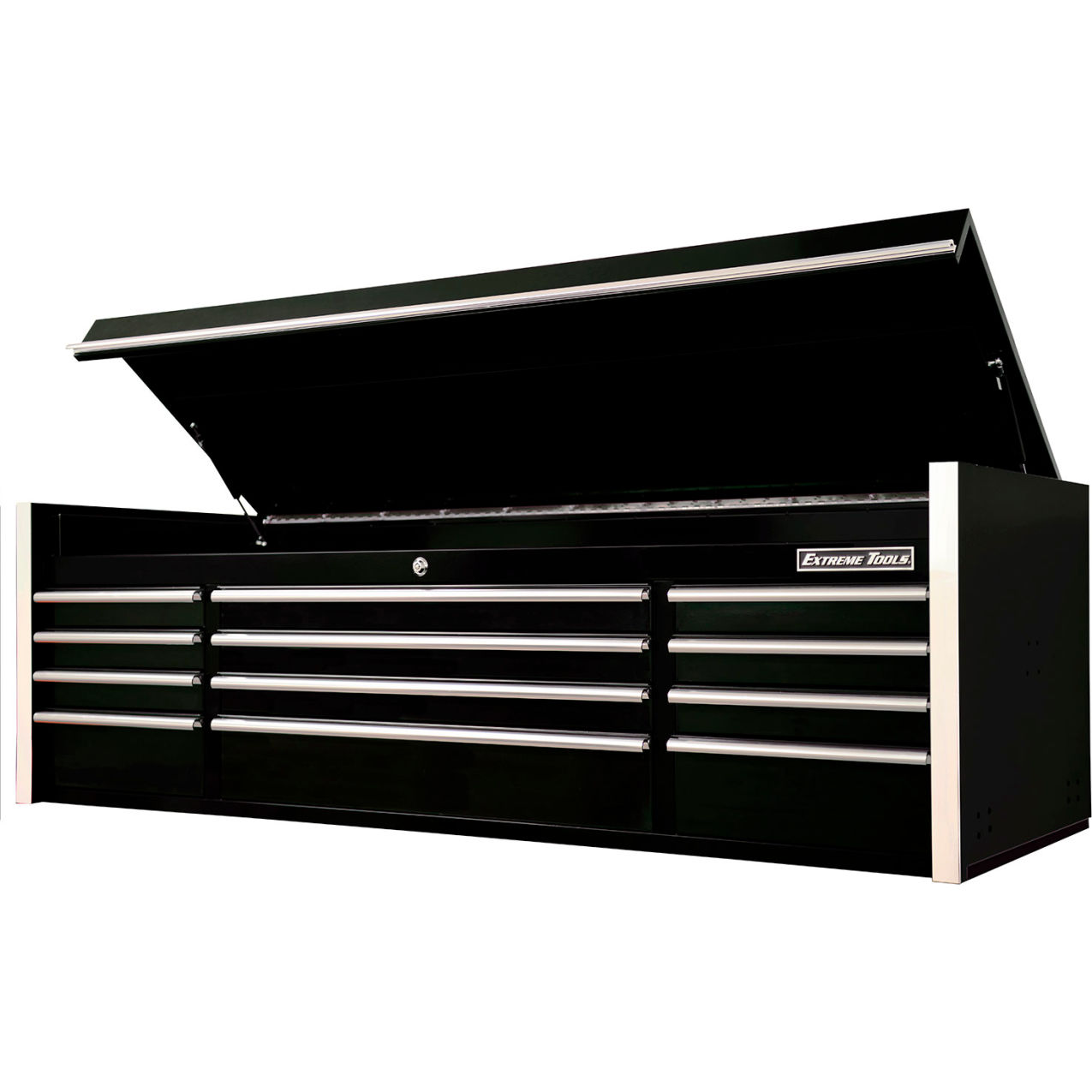 12-Drawer Top Chest, 72"W x 25"D x 22-1/4"H, Black with Chrome Trim