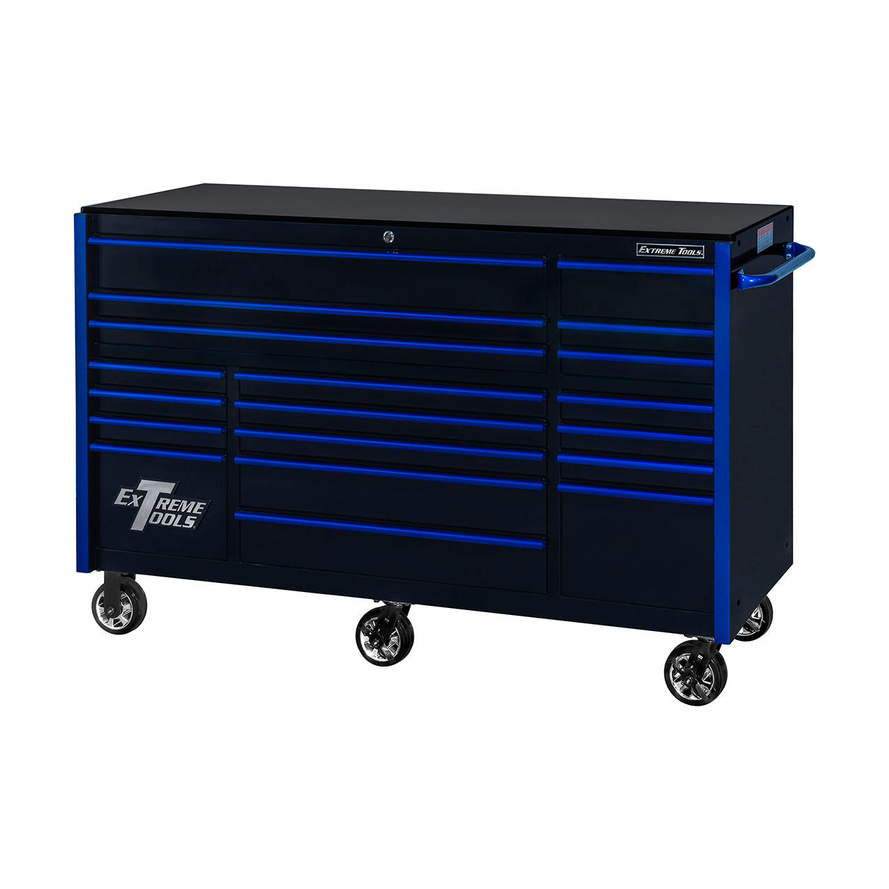 19-Drawer Rolling Tool Cabinet, 72"W x 25"D x 47"H, Black with Blue Trim