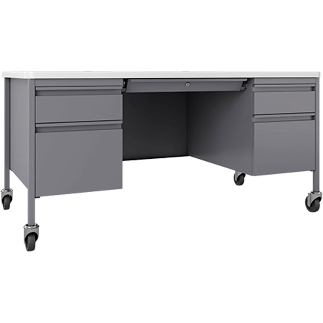 Mobile Teacher's Desk, 5 Drawers, 60"W x 30"D, White Top w/ Platinum Frame