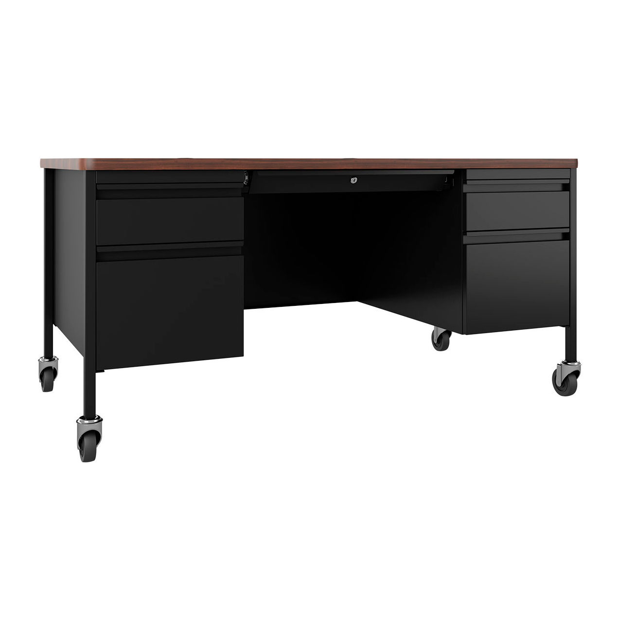 Mobile Teacher's Desk, 5 Drawers, 60"W x 30"D, Walnut Top w/ Black Frame