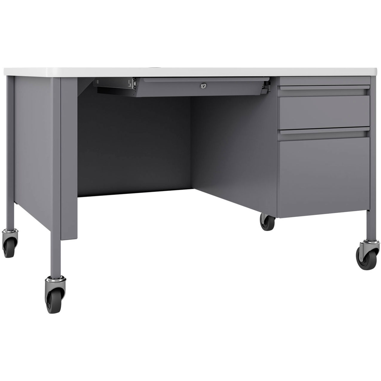 Mobile Teacher's Desk, 3 Drawers, 48"W x 30"D, White Top w/ Platinum Frame