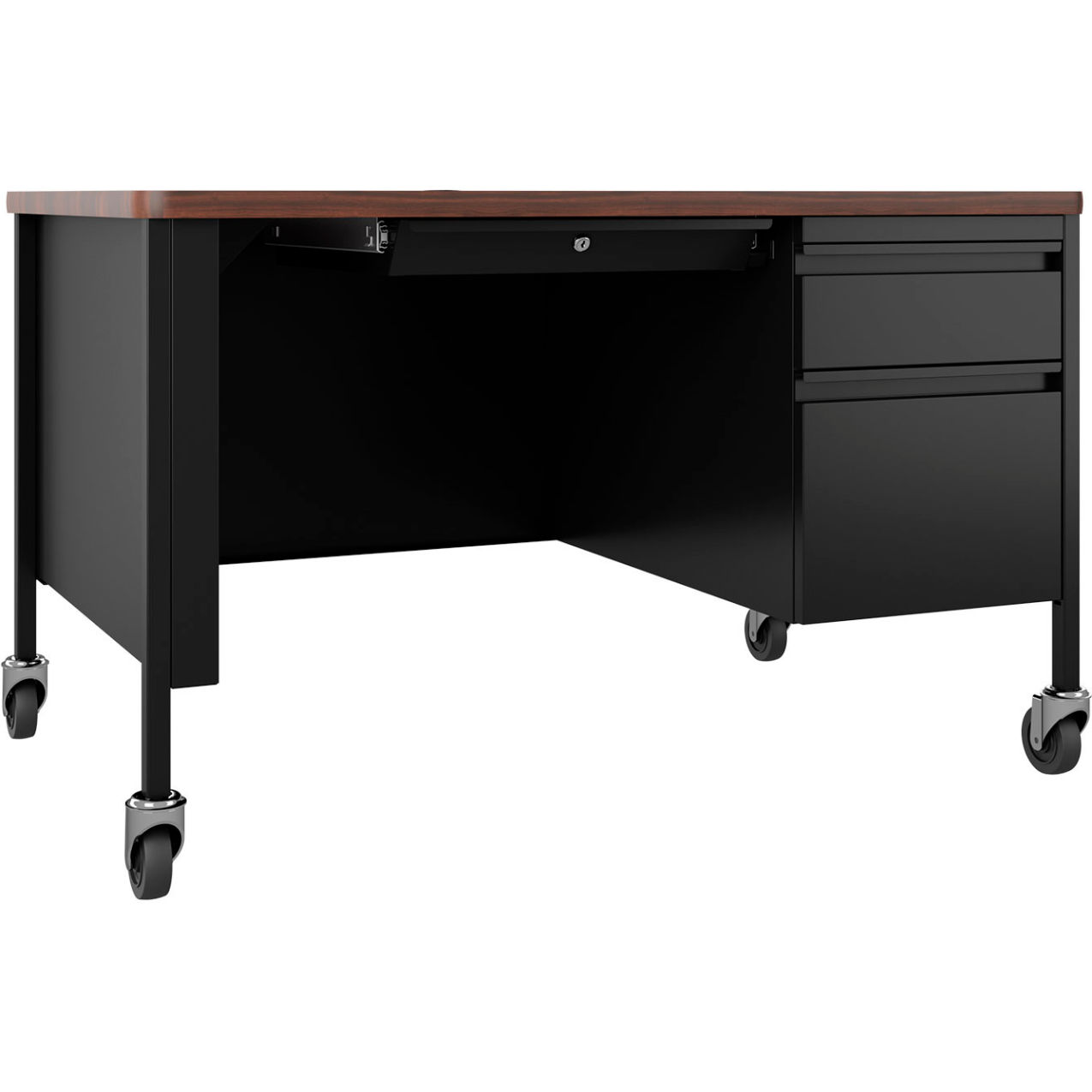 Mobile Teacher's Desk, 3 Drawers, 48"W x 30"D, Walnut Top w/ Black Frame