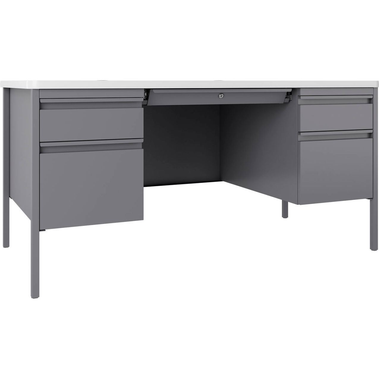 Teacher's Desk, Double Pedestal, 5 Drawers, 60"W x 30"D, White Top w/ Platinum Frame