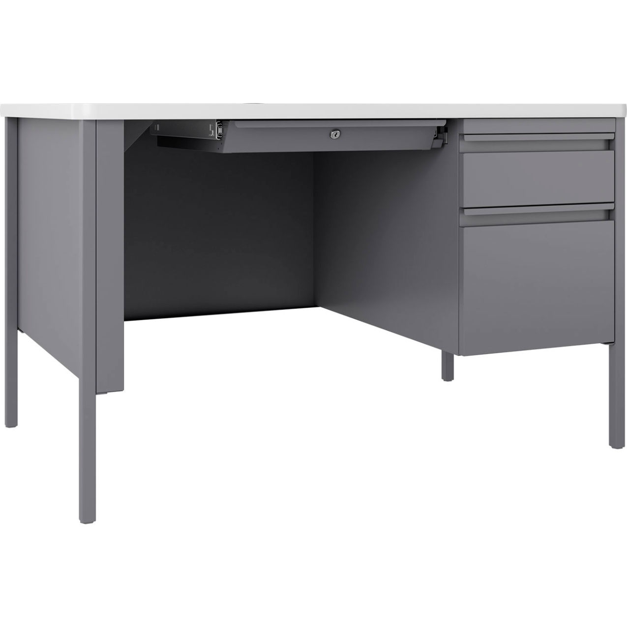 Teacher's Desk, Single Right Pedestal, 48"W x 30"D, White Top w/ Platinum Frame