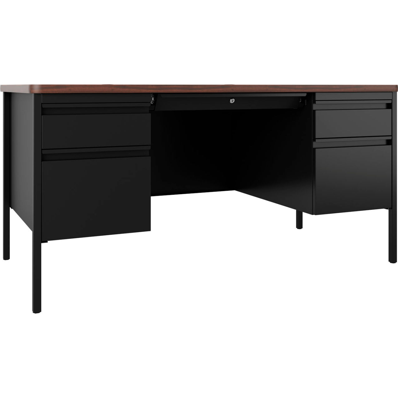 Teacher's Desk, Double Pedestal, 5 Drawers, 60"W x 30"D, Maple Top w/ Black Frame