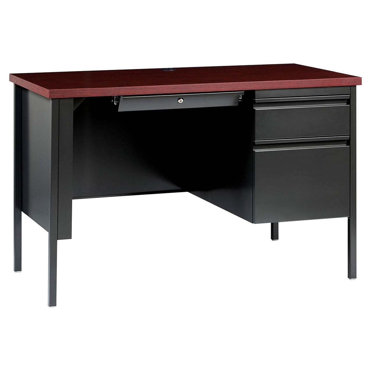 Steel Desk, Single Right Pedestal, 3 Drawers, 45"W x 24"D, Mahogany