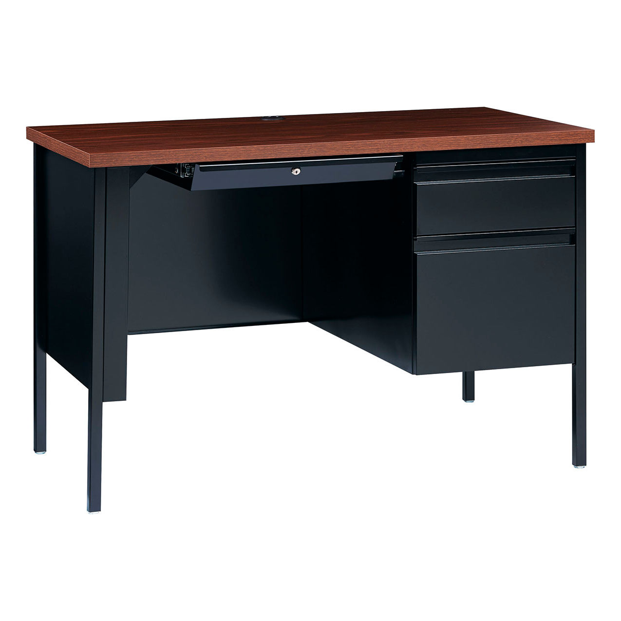 Steel Desk, Single Right Pedestal, 3 Drawers, 45"W x 24"D, Walnut Top w/ Black Frame