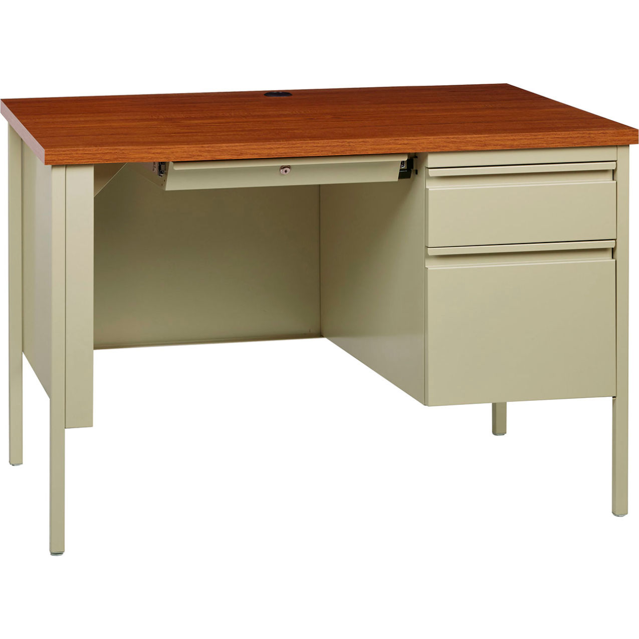 Steel Desk, Single Right Pedestal, 3 Drawers, 45"W x 24"D, Oak Top w/ Putty Frame
