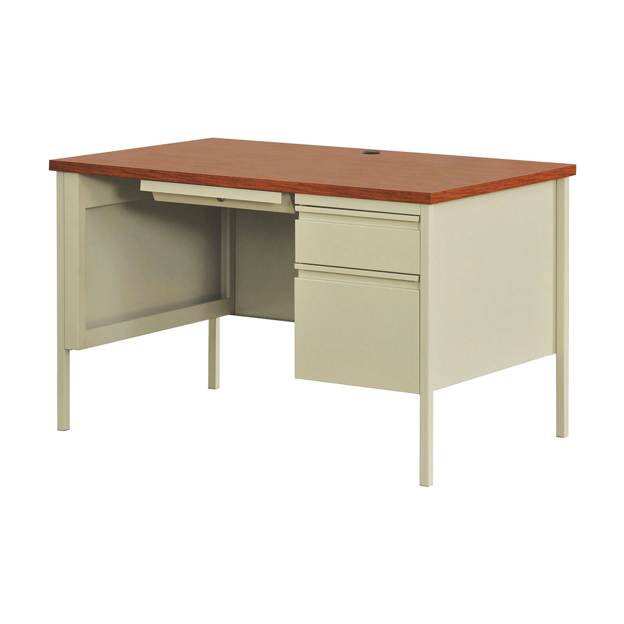Steel Desk, Single Right Pedestal, 3 Drawers, 48"W x 30"D, Oak Top w/ Putty Frame