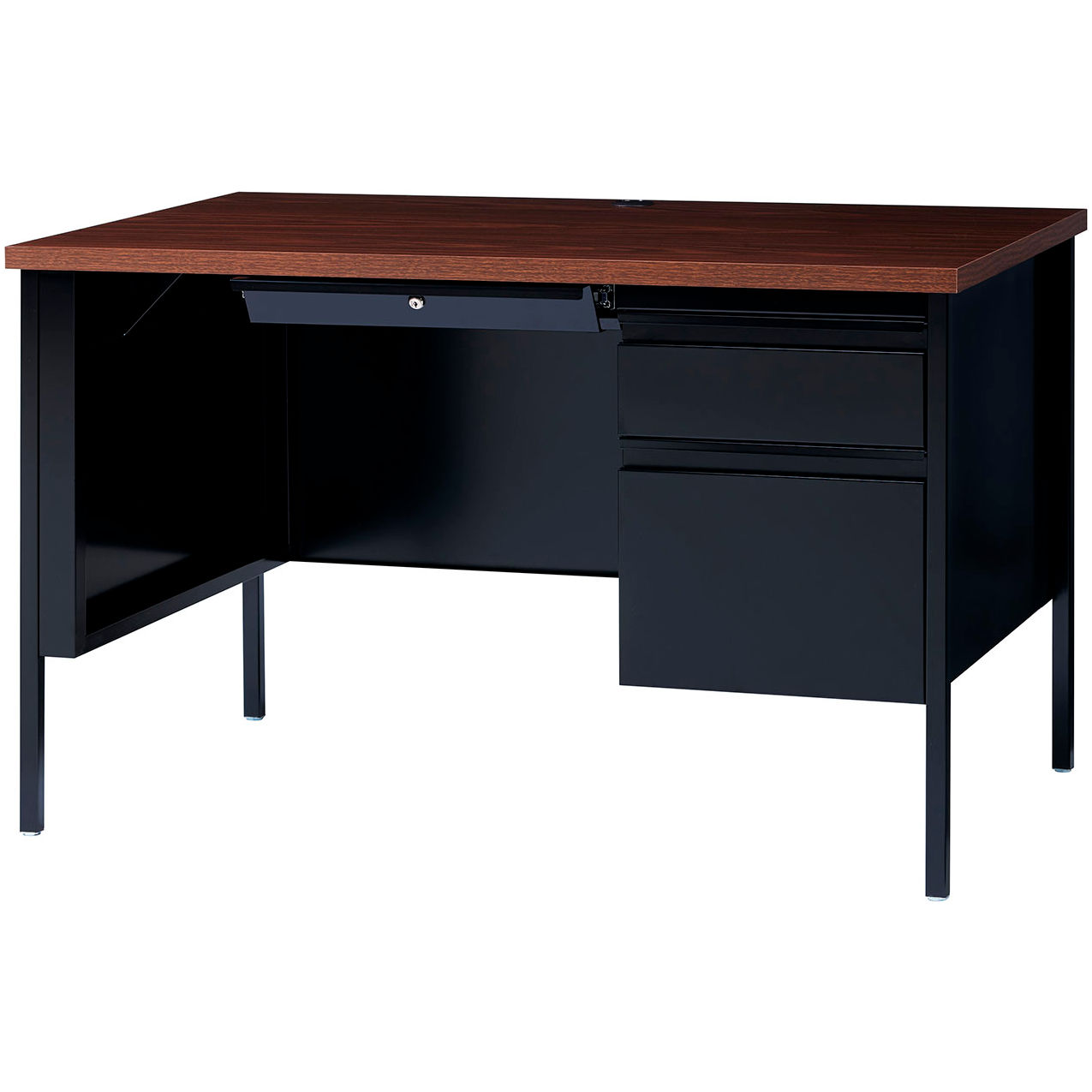 Steel Desk, Single Right Pedestal, 3 Drawers, 48"W x 30"D, Walnut Top w/ Black Frame