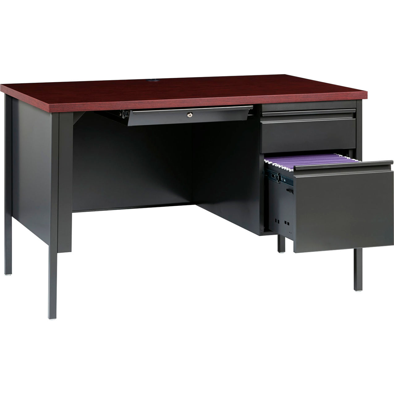 Steel Desk, Single Right Pedestal, 3 Drawers, 48"W x 30"D, Mahogany