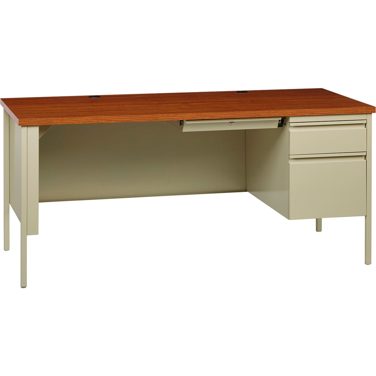 Steel Desk, Single Right Pedestal, 3 Drawers, 66"W x 30"D, Oak Top w/ Putty Frame